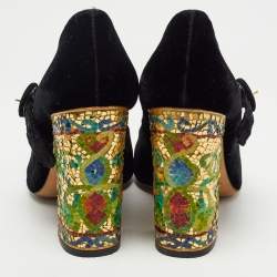 Pre Owned Dolce & Gabbana Black Velvet Embellished Heel Mary Jane Pumps Size 39