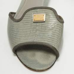 Pre Owned Dolce & Gabbana Grey Lizard Embossed Leather Sofia Slides Size 39.5