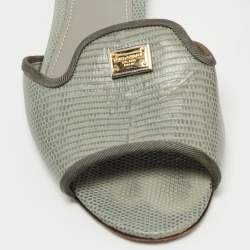 Pre Owned Dolce & Gabbana Grey Lizard Embossed Leather Sofia Slides Size 39.5
