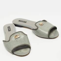 Pre Owned Dolce & Gabbana Grey Lizard Embossed Leather Sofia Slides Size 39.5