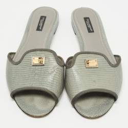 Pre Owned Dolce & Gabbana Grey Lizard Embossed Leather Sofia Slides Size 39.5