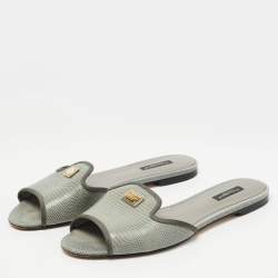 Pre Owned Dolce & Gabbana Grey Lizard Embossed Leather Sofia Slides Size 39.5