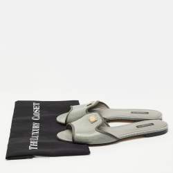Pre Owned Dolce & Gabbana Grey Lizard Embossed Leather Sofia Slides Size 39.5