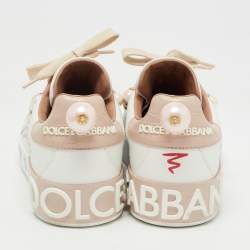 Pre Owned Dolce & Gabbana White/Pink Leather Portofino Low Top Sneakers Size 38