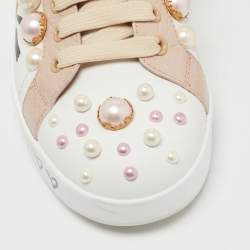 Pre Owned Dolce & Gabbana White/Pink Leather Portofino Low Top Sneakers Size 38