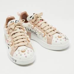 Pre Owned Dolce & Gabbana White/Pink Leather Portofino Low Top Sneakers Size 38