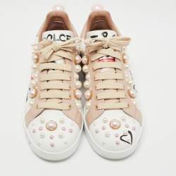 Pre Owned Dolce & Gabbana White/Pink Leather Portofino Low Top Sneakers Size 38