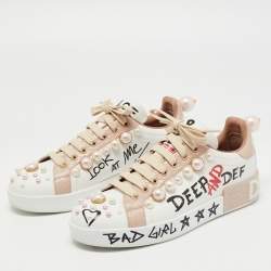 Pre Owned Dolce & Gabbana White/Pink Leather Portofino Low Top Sneakers Size 38