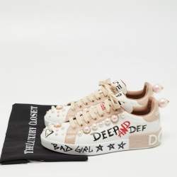 Pre Owned Dolce & Gabbana White/Pink Leather Portofino Low Top Sneakers Size 38
