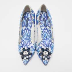 Pre Owned Dolce & Gabbana Blue  Print Brocade Fabric Bellucci Crystal Embellished Pointed Toe Pumps Size 38
