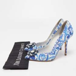 Pre Owned Dolce & Gabbana Blue  Print Brocade Fabric Bellucci Crystal Embellished Pointed Toe Pumps Size 38