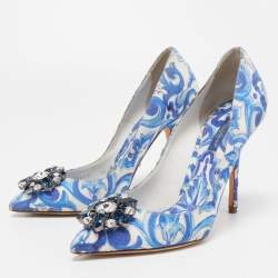 Pre Owned Dolce & Gabbana Blue  Print Brocade Fabric Bellucci Crystal Embellished Pointed Toe Pumps Size 38