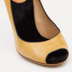 D&G Light Yellow/Black Patent Leather and Lace Bow Peep Toe Pumps Size 39
