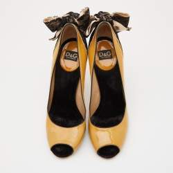 D&G Light Yellow/Black Patent Leather and Lace Bow Peep Toe Pumps Size 39