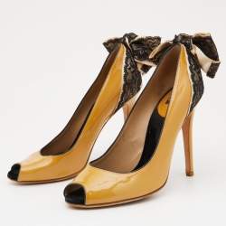 D&G Light Yellow/Black Patent Leather and Lace Bow Peep Toe Pumps Size 39