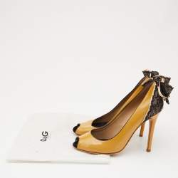 D&G Light Yellow/Black Patent Leather and Lace Bow Peep Toe Pumps Size 39