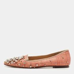 Pre Owned Dolce & Gabbana Beige Raffia and Leather Crystal Embellished Smoking Slippers Size 38