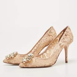 Pre Owned Dolce & Gabbana Beige Lace Crystal Embellished Bellucci Pumps Size 36.5