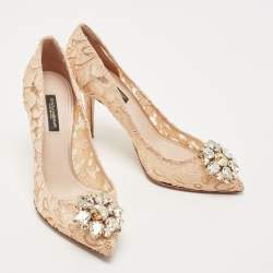 Pre Owned Dolce & Gabbana Beige Lace Crystal Embellished Bellucci Pumps Size 36.5