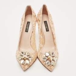 Pre Owned Dolce & Gabbana Beige Lace Crystal Embellished Bellucci Pumps Size 36.5