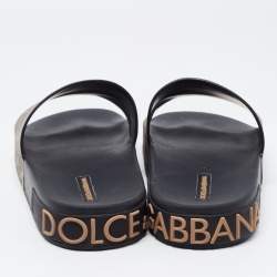 Pre Owned Dolce & Gabbana Brown Leather Logo Slide Flats Size 40