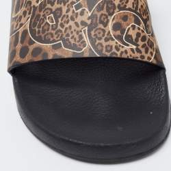 Pre Owned Dolce & Gabbana Brown Leather Logo Slide Flats Size 40