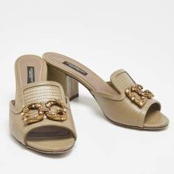 Pre Owned Dolce & Gabbana Grey Lizard Embossed Leather DG Amore Slide Sandals Size 36.5