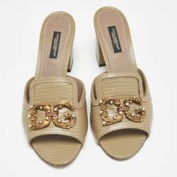 Pre Owned Dolce & Gabbana Grey Lizard Embossed Leather DG Amore Slide Sandals Size 36.5