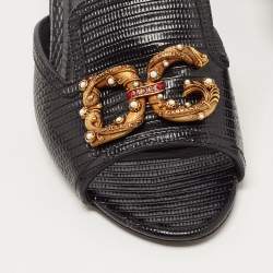 Pre Owned Dolce & Gabbana Black Lizard Embossed Leather DG Amore Slide Sandals Size 37