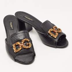 Pre Owned Dolce & Gabbana Black Lizard Embossed Leather DG Amore Slide Sandals Size 37