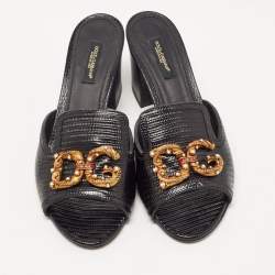 Pre Owned Dolce & Gabbana Black Lizard Embossed Leather DG Amore Slide Sandals Size 37