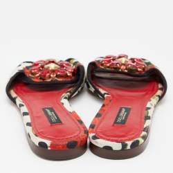 Dolce & Gabbana Multicolor Polka/Floral Print Fabric Belucci Crystals Flat Slides Size 36