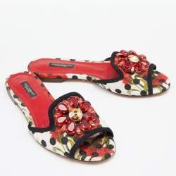 Dolce & Gabbana Multicolor Polka/Floral Print Fabric Belucci Crystals Flat Slides Size 36