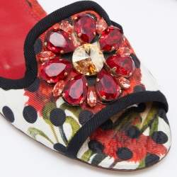 Dolce & Gabbana Multicolor Polka/Floral Print Fabric Belucci Crystals Flat Slides Size 36