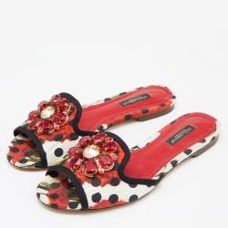 Dolce & Gabbana Multicolor Polka/Floral Print Fabric Belucci Crystals Flat Slides Size 36