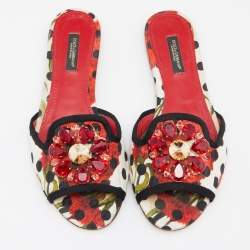 Dolce & Gabbana Multicolor Polka/Floral Print Fabric Belucci Crystals Flat Slides Size 36