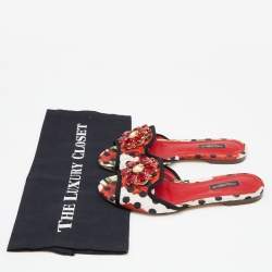 Dolce & Gabbana Multicolor Polka/Floral Print Fabric Belucci Crystals Flat Slides Size 36