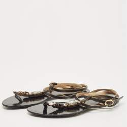 Pre Owned Dolce & Gabbana Black Leather Crystal Embellished Ankle Strap Flat Thong Sandals Size 37