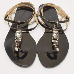 Pre Owned Dolce & Gabbana Black Leather Crystal Embellished Ankle Strap Flat Thong Sandals Size 37