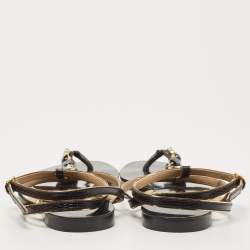 Pre Owned Dolce & Gabbana Black Leather Crystal Embellished Ankle Strap Flat Thong Sandals Size 37
