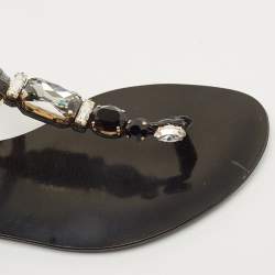 Pre Owned Dolce & Gabbana Black Leather Crystal Embellished Ankle Strap Flat Thong Sandals Size 37