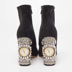 Pre Owned Dolce & Gabbana Black Suede Crystal Embellished Clock Heel Ankle Booties Size 38