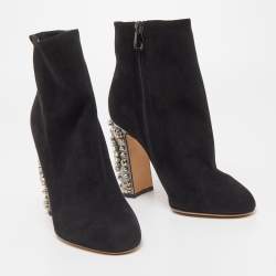 Pre Owned Dolce & Gabbana Black Suede Crystal Embellished Clock Heel Ankle Booties Size 38