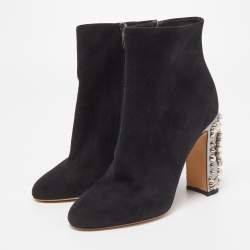 Pre Owned Dolce & Gabbana Black Suede Crystal Embellished Clock Heel Ankle Booties Size 38