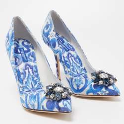 Pre Owned Dolce & Gabbana Blue Print Brocade Fabric  Bellucci Crystal Embellished Pumps Size 40