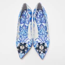 Pre Owned Dolce & Gabbana Blue Print Brocade Fabric  Bellucci Crystal Embellished Pumps Size 40