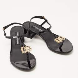 Pre Owned Dolce & Gabbana Black Patent Logo Plaque Thong Sandals Size 37.5