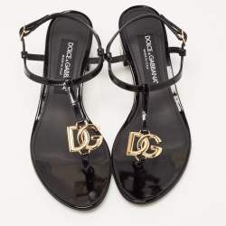 Pre Owned Dolce & Gabbana Black Patent Logo Plaque Thong Sandals Size 37.5