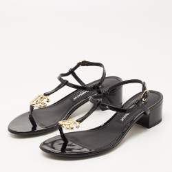 Pre Owned Dolce & Gabbana Black Patent Logo Plaque Thong Sandals Size 37.5