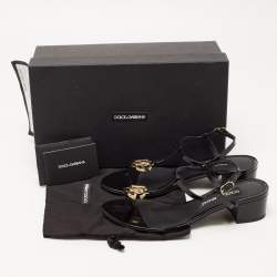 Pre Owned Dolce & Gabbana Black Patent Logo Plaque Thong Sandals Size 37.5